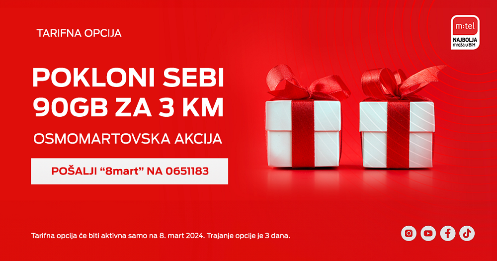 m:tel, 8. mart, posebna ponuda 90 GB 3 KM 3 dana